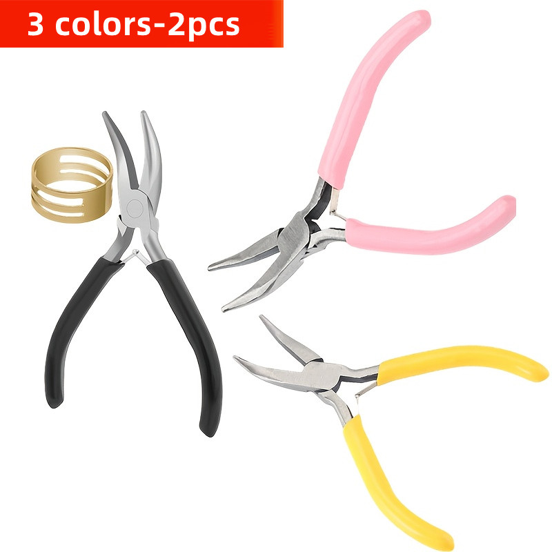 Jewelry Making Pliers - คีมปากโค้ง 2 ชิ้น สีชมพู/ดำ/เหลือง ชุดสองชิ้นพร้อมวงแหวนช่วยเปิด ใช้งานได้หลากหลาย