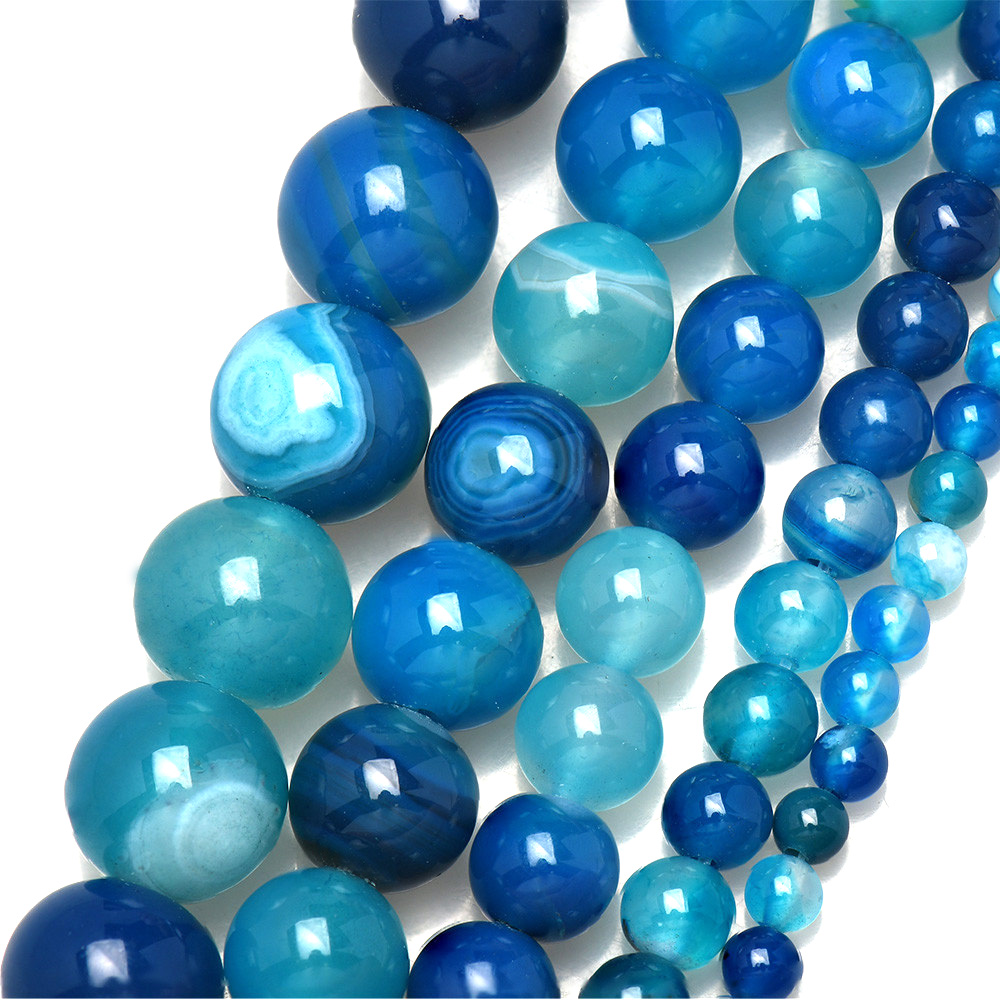 Jewelry Making Stones - หินธรรมชาติแถบลูกไม้สีฟ้า Agates รอบลูกปัด 4 6 8